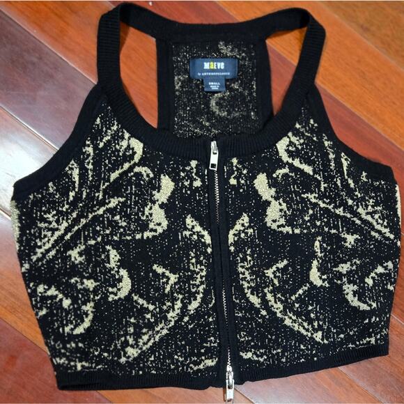 Anthropologie Maeve Black Gold Metalic Fitted Crop Sweater Vest - Picture 1 of 7
